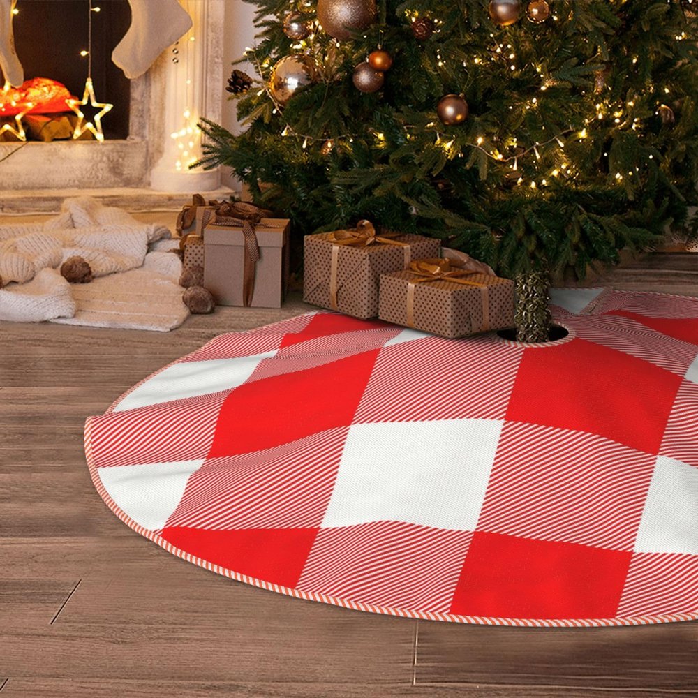 DKJlitter Christmas Tree Skirt, Red and White Check Plaid Xmas Tree Skirts Mat Farmhouse Rustic Xmas Holiday Indoor Party Outdoor Decoration 36 inches