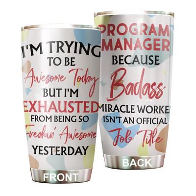MEDROC Awesome Miracle Worker Program Manager Tumbler Stainless Steel 20oz, Funny Gifts Bulks For Office Women Men Work Friends Coworker, Driking Coffee Cup For Birthday Christmas