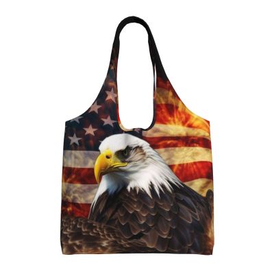 AdaNti American Flag Fire Eagle print Canvas Tote Bags For Women Large Capacity Reusable Grocery Bags Shoulder Bag For Work Outdoor Travel