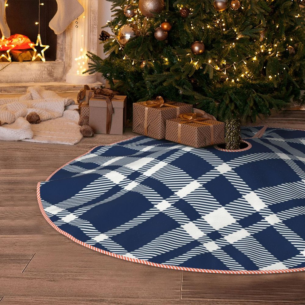 DKJlitter Christmas Tree Skirt, Rustic Navy Blue Tartan Plaid Xmas Tree Skirts Mat Farmhouse Rustic Xmas Holiday Indoor Party Outdoor Decoration 30 inches