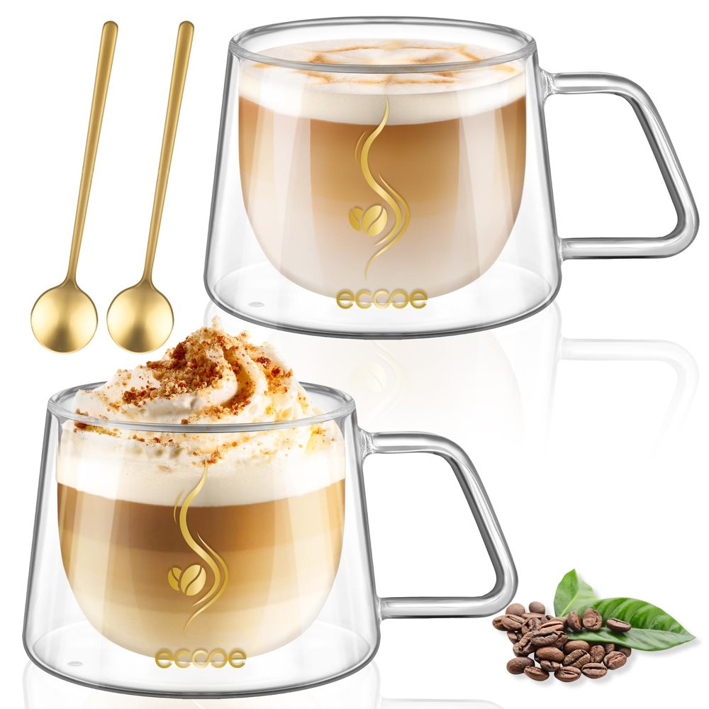 ecooe Double Walled Glass Coffee Mug 12oz Cappuccino Latte Macchiato Cups Set of 2 Clear Glass Coffee Cups with Handle, Double Wall Glass Cup for Tea Milk Juice Ice Cream, Birthday Gifts for Mum Dad