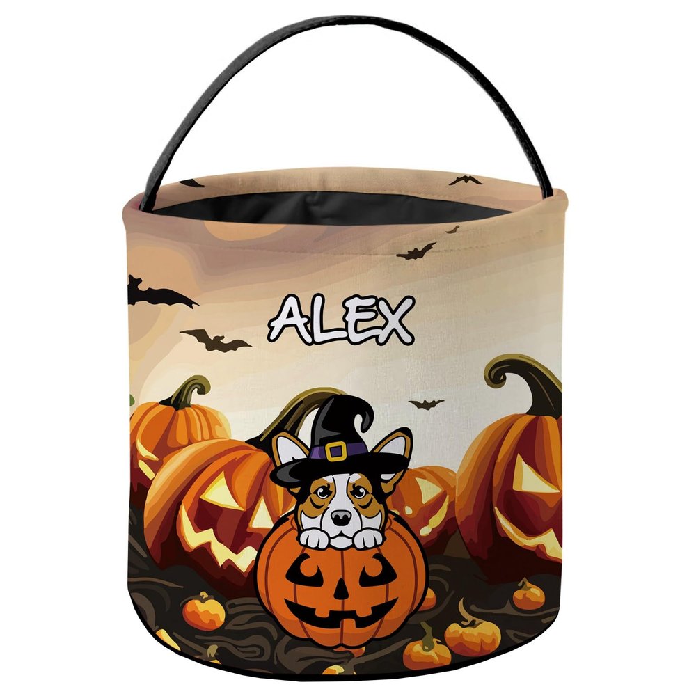 KafePross Personalized Halloween Trick or Treat Bag Adult Corgi Dog Halloween Ghost Pumpkin Decor Basket Candy Gifts Bucket for Kids 9 x 9.8 Inch