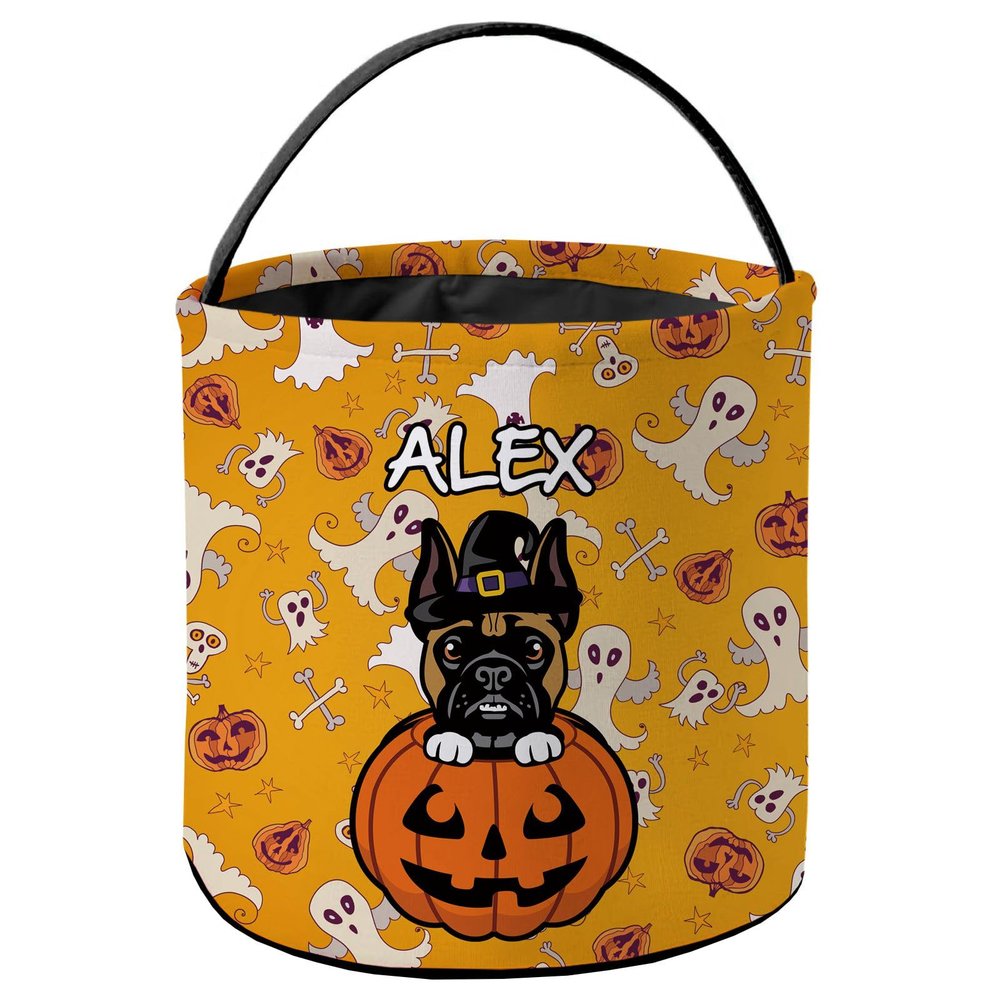 KafePross Personalized Halloween Trick or Treat Bag Black Tan Boxer Dog Halloween Ghost Pumpkin Decor Basket Candy Gifts Bucket for Kids 9 x 9.8 Inch Yellow