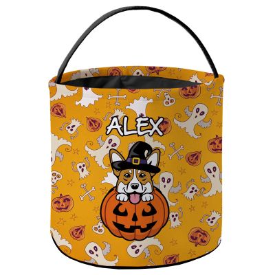 KafePross Personalized Halloween Trick or Treat Bag Smiling Corgi Dog Halloween Ghost Pumpkin Decor Basket Candy Gifts Bucket for Kids 9 x 9.8 Inch Yellow