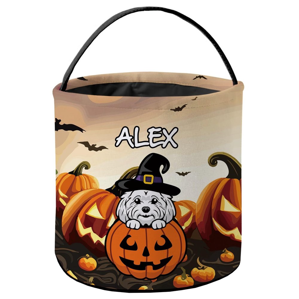 KafePross Personalized Halloween Trick or Treat Bag Maltese Dog Halloween Ghost Pumpkin Decor Basket Candy Gifts Bucket for Kids 9 x 9.8 Inch