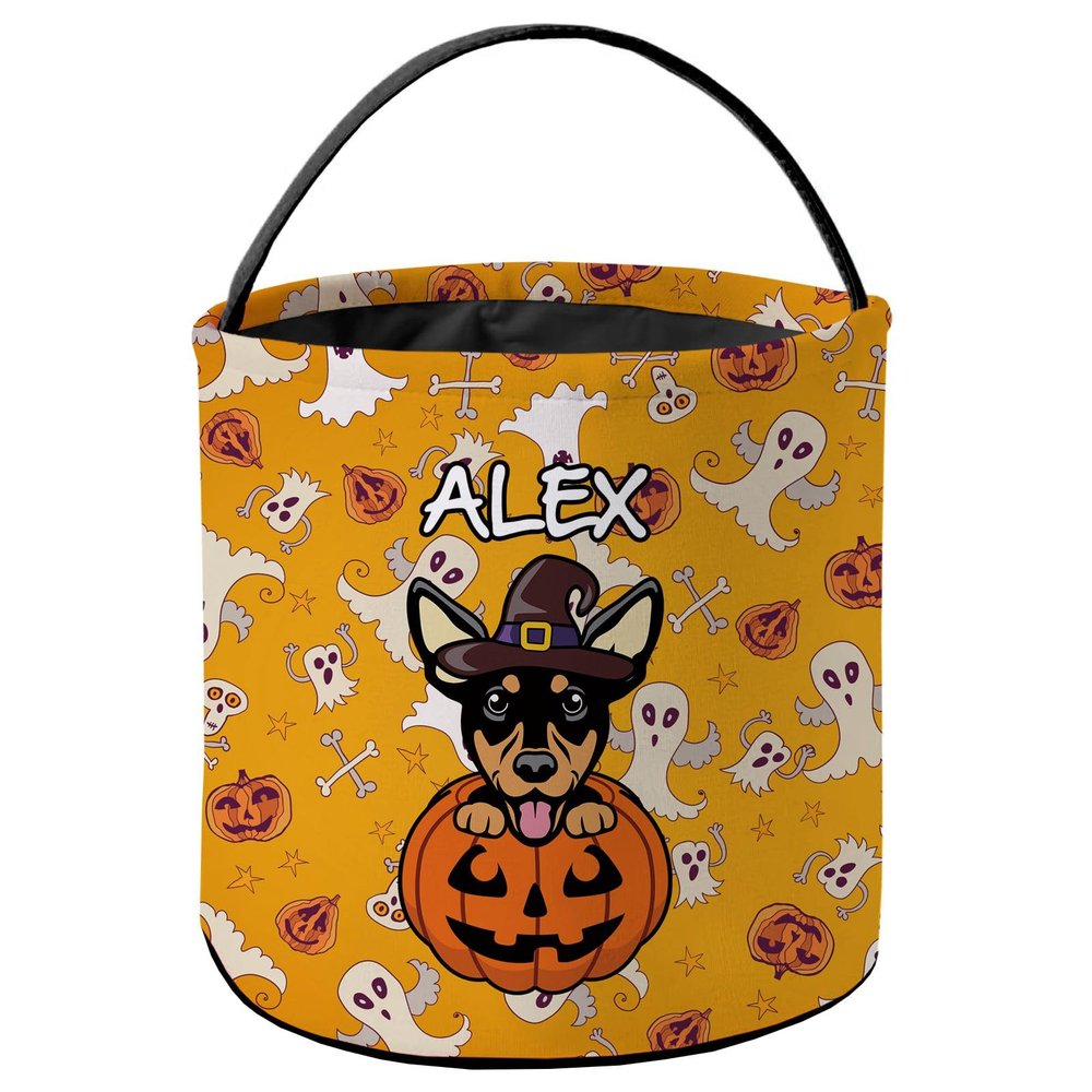 KafePross Personalized Halloween Trick or Treat Bag Smiling Adult Black Tan Mini Pinscher Dog Halloween Ghost Pumpkin Decor Basket Candy Gifts Bucket for Kids 9 x 9.8 Inch Yellow