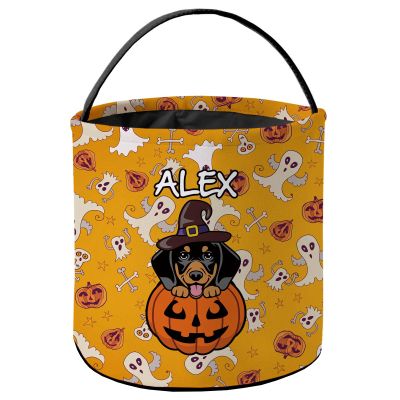 KafePross Personalized Halloween Trick or Treat Bag Smiling Black Tan Dachshund Dog Halloween Ghost Pumpkin Decor Basket Candy Gifts Bucket 9 x 9.8 Inch Yellow