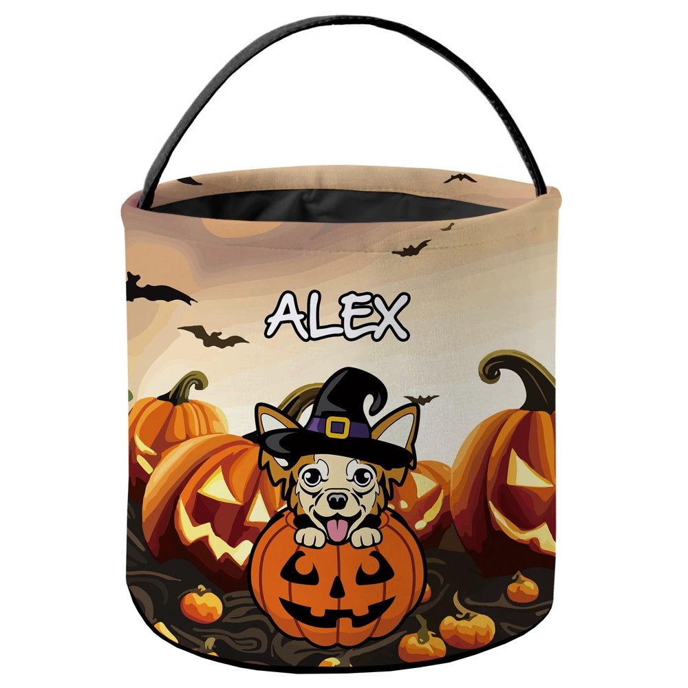 KafePross Personalized Halloween Trick or Treat Bag Smiling Brown Chihuahua Dog Halloween Ghost Pumpkin Decor Basket Candy Gifts Bucket 9 x 9.8 Inch
