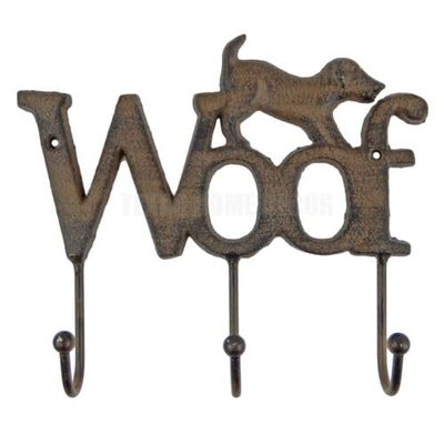 Woof Dog Leash Rack Wall Hooks Cast Iron Coat Key Towel Hanger Rustic Brown -cirasanyoe