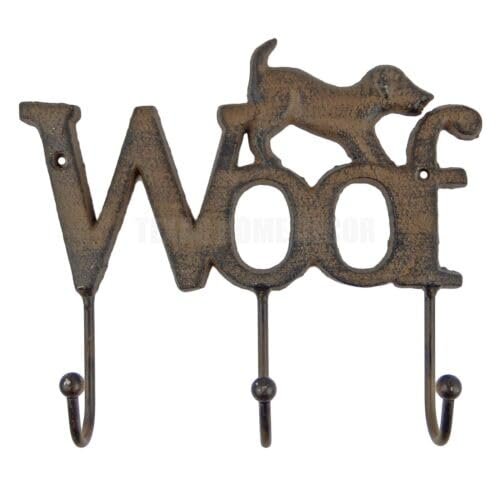 Woof Dog Leash Rack Wall Hooks Cast Iron Coat Key Towel Hanger Rustic Brown -cirasanyoe