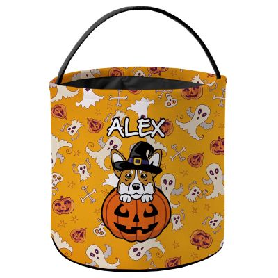 KafePross Personalized Halloween Trick or Treat Bag Corgi Dog Halloween Ghost Pumpkin Decor Basket Candy Gifts Bucket for Kids 9 x 9.8 Inch Yellow