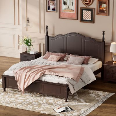 SOFTSEA Queen Size Bed Frame with High Headboard and Footboard Classic Platform Bed with Wood Slats