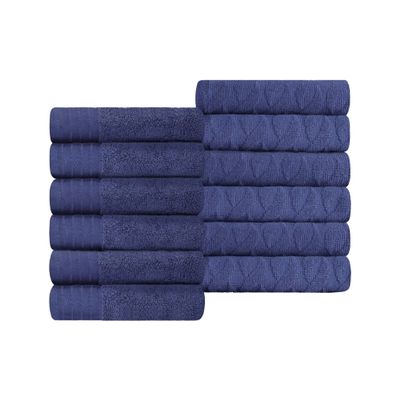 BNM Herringbone Turkish Cotton Towel Set, Jacquard and Solid Towels, Includes 12 Face Towels/ Washcloths for Guest or Master Bathroom, Turkish Cotton Jacquard and Solid Set of 12, Navy Blue