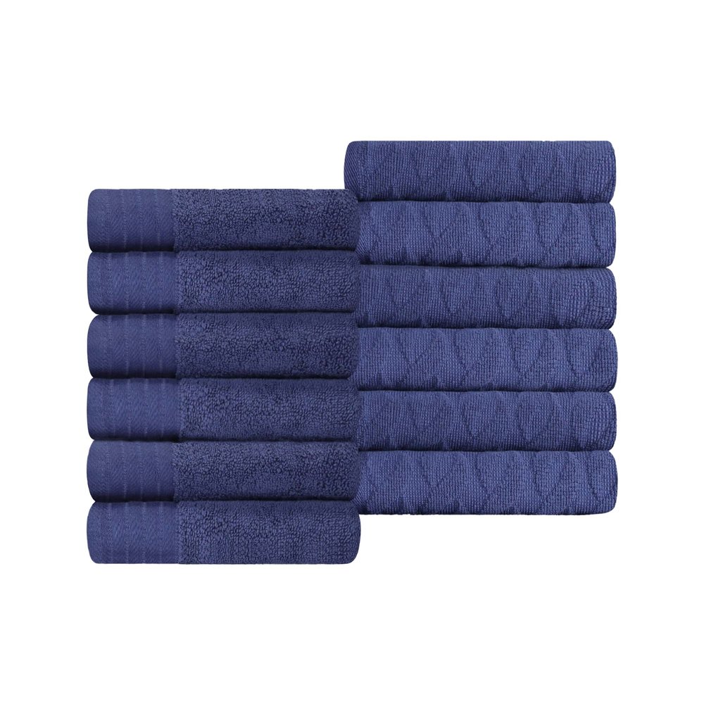 BNM Herringbone Turkish Cotton Towel Set, Jacquard and Solid Towels, Includes 12 Face Towels/ Washcloths for Guest or Master Bathroom, Turkish Cotton Jacquard and Solid Set of 12, Navy Blue