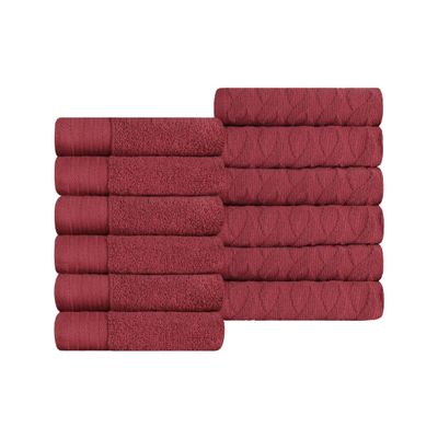 BNM Herringbone Turkish Cotton Towel Set, Jacquard and Solid Towels, Includes 12 Face Towels/ Washcloths for Guest or Master Bathroom, Turkish Cotton Jacquard and Solid Towel Set of 12, Maroon