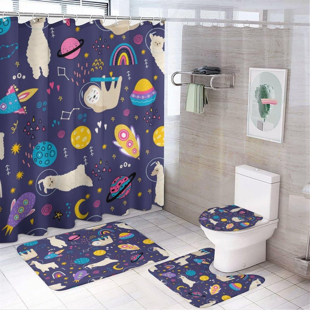 FBMLBRB Cartoon Outer Space Sloth 4 Pieces Shower Curtain Set, Funny Galaxy Planet Cute Astronaut Alpaca Rocket Moon Non-Slip Rugs Toilet Lid Cover Bath Mat and Bathroom Curtain