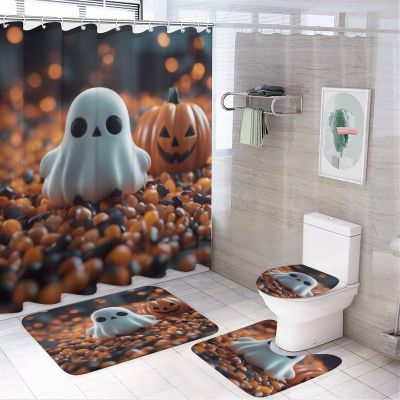 ZGDPBYF Halloween 3 Piece Bath Mats 3D Cute Ghost Horror Pumpkin Waterproof Non Slip Bath Mat Set, Washable Rug for Bathroom,-3-Piece Set