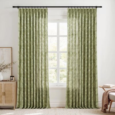 TWOPAGES Pinch Pleat Floral Curtain 63 Inch Long Light Filtering Privacy Drape Linen Textured Printed Curtain for Kitchen Bathroom (Jade, 52W x 63L Inches, 1 Panel)