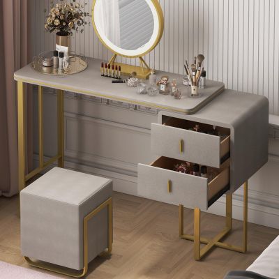 Zafly Vanity Desk, Modern Dressing Table with Convertible Cabinet & Drawers for Storage, Touch Screen Mirror with 3 Colors Lighting, Makeup Vanity, Makeup Desk with Stool for Bedroom, 40" W
