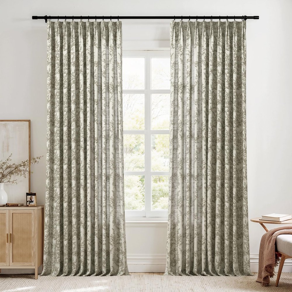 TWOPAGES Pinch Pleated Floral Curtain 72 Inch Long Light Filtering Privacy Drape Linen Textured Printed Curtain for Kitchen Bathroom (Stone, 40W x 72L Inches, 1 Panel)