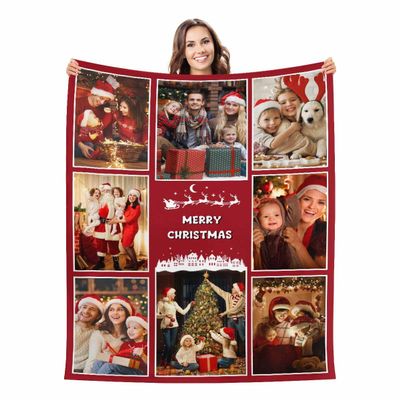 casecoco Custom Christmas Blanket with Photo, Personalized Name Blanket for Women Her Him Flannel Blanket Throw for Collage Family Merry Christmas 8 Photos