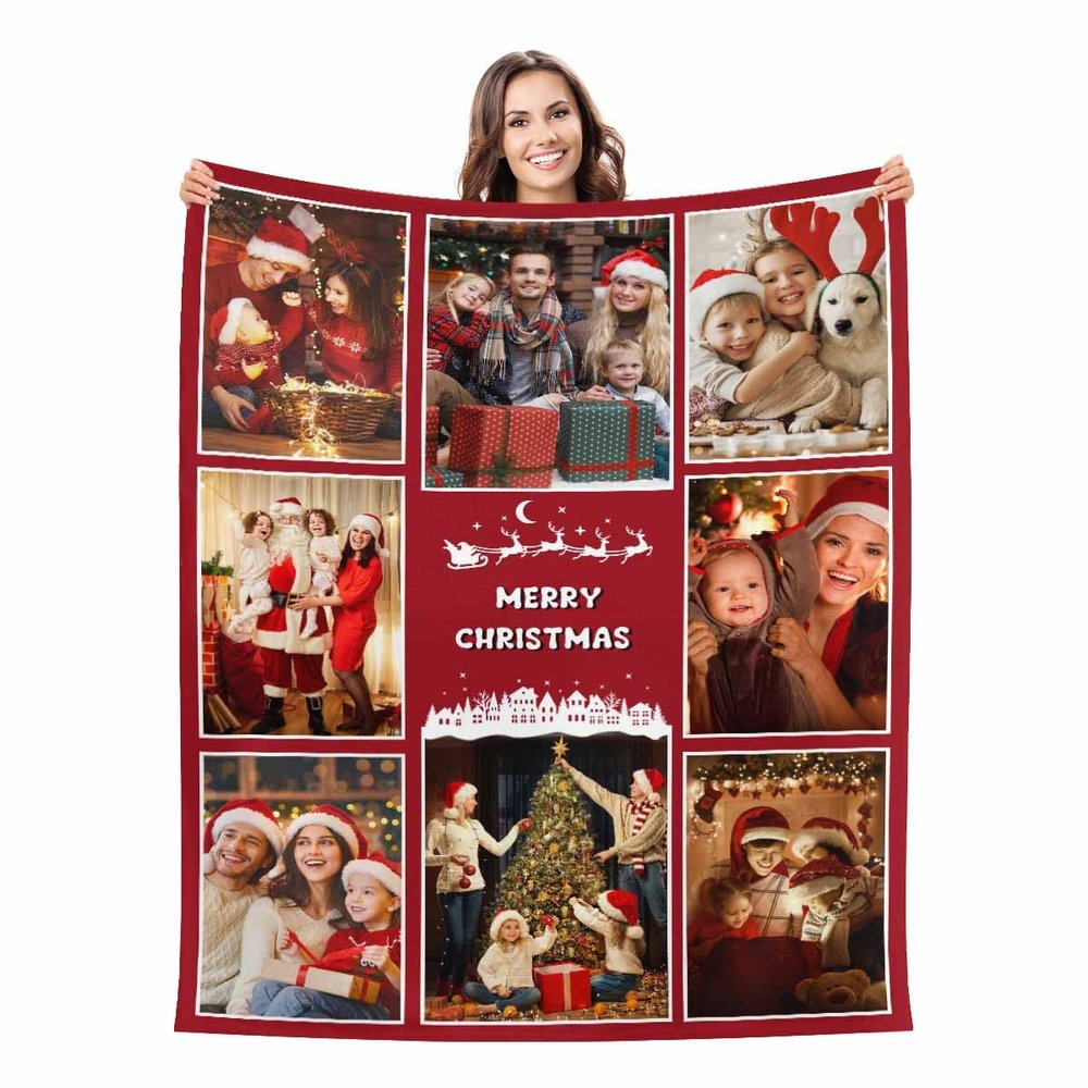 casecoco Custom Christmas Blanket with Photo, Personalized Name Blanket for Women Her Him Flannel Blanket Throw for Collage Family Merry Christmas 8 Photos