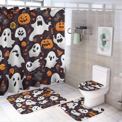 ZGDPBYF Halloween 3 Piece Bath Mats Funny Pumpkin Ghost Waterproof Non Slip Bath Mat Set, Washable Rug for Bathroom,-3-Piece Set