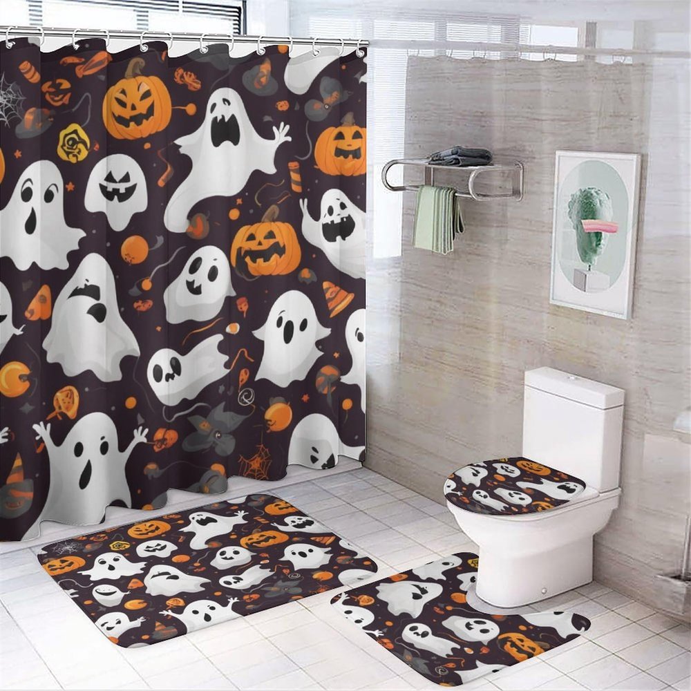 ZGDPBYF Halloween 3 Piece Bath Mats Funny Pumpkin Ghost Waterproof Non Slip Bath Mat Set, Washable Rug for Bathroom,-3-Piece Set