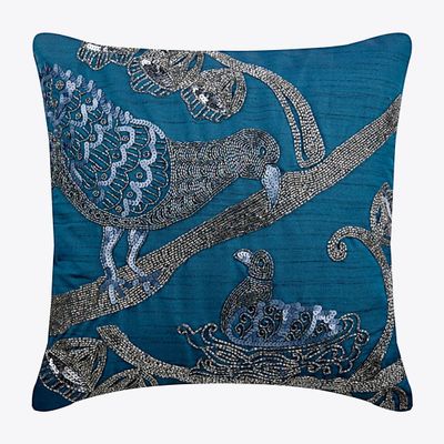 The HomeCentric Blue Throw Pillow Cover, Beaded Birds Theme Throw Pillows Cover, Pack of 2, 20x20 inch (50x50 cm) Throw Pillows Cover, Floral Cushion Cover, Square Silk Pillow Easter - Birdy Love