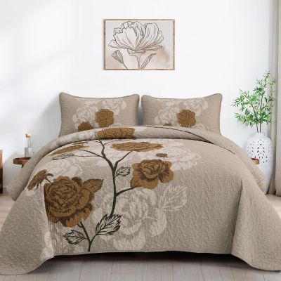 Anibedding Floral Quilt Set King Size,Elegant Brown Floral Printed Bedspread Coverlet 3 Pieces Soft Microfiber Bedding Set with 2 Pillowcases for All Season(104"90")