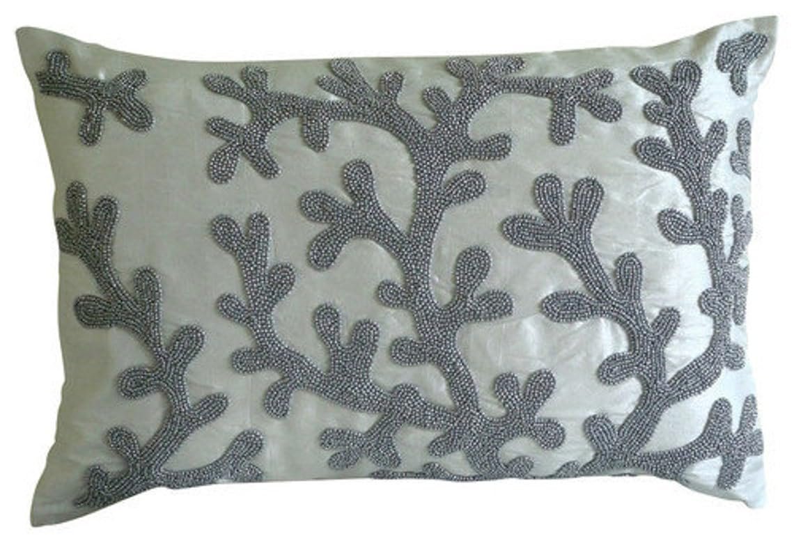 The HomeCentric White Lumbar Pillow Cover Coral Design Sea Creatures Beach and Ocean Theme Lumbar Pillow Cover Pack of 2, 12"x24" (30x60 cm) Rectangle Silk Pillow Cover Mediterranean - Silver Corals
