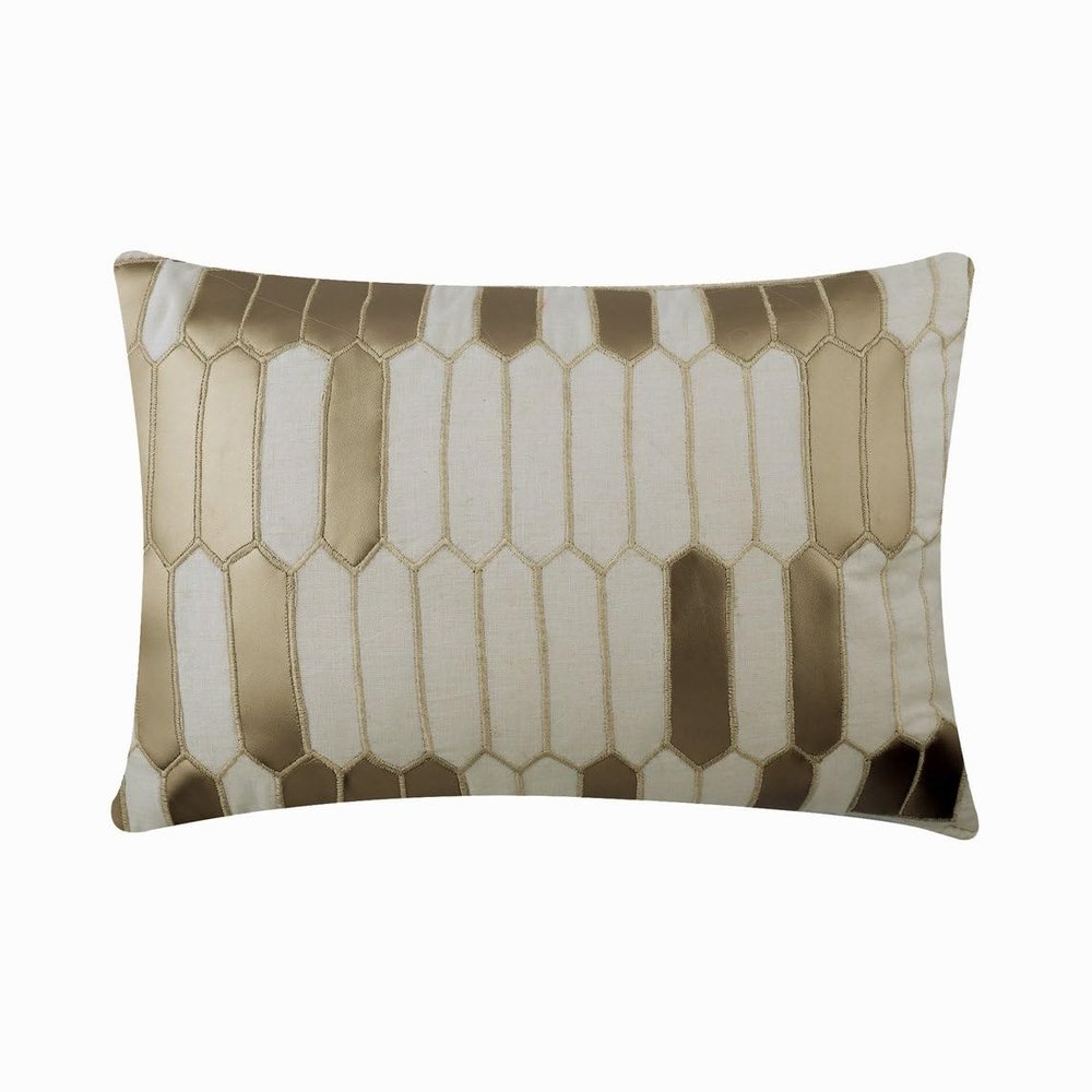 The HomeCentric Ivory Pack of 2, 12"x20" (30x50 cm) Rectangle Pillow Covers, Linen Applique Lumbar Pillow Covers, Geometric Pattern Modern Style - Gold Heist