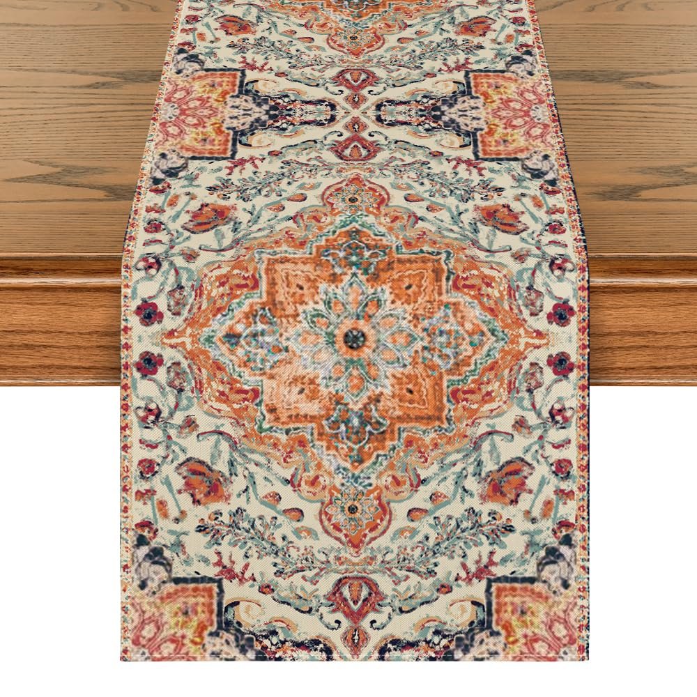 Artoid Mode Boho Bohemia Style Orange Table Runner, Country Rustic Farmhouse Magical Fall Kitchen Dining Table Decoration for Home Party Decor 13x120 Inch