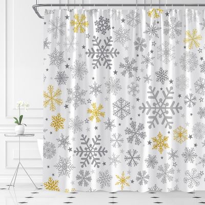 ABONAN Snowflake Shower Curtain Grey Gold Christmas Snowflakes Merry Xmas Winter Holiday Fabric Bathroom Curtains Decor Set with Hook(47" WX70 H)