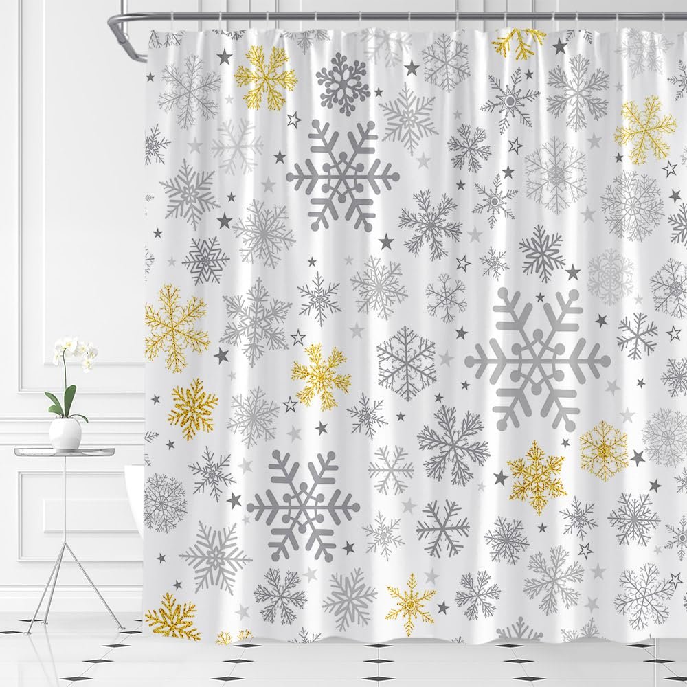 ABONAN Snowflake Shower Curtain Grey Gold Christmas Snowflakes Merry Xmas Winter Holiday Fabric Bathroom Curtains Decor Set with Hook(47" WX70 H)