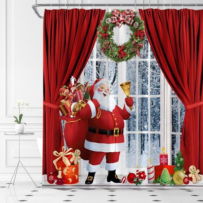 ABONAN Christmas Shower Curtain Santa Claus Winter Forest Snow Scenery Xmas Tree Christmas Wreath Red Christmas Curtain Holiday Fabric Bathroom Curtains Decor Set with Hook(47" WX70 H)