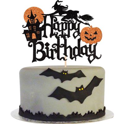 1 Pack Halloween Happy Birthday Cake Topper Glitter Witch Leg Haunted House Pumpkin Cake Pick for Halloween Themed Cupcake Decoration Birthday Party Supplies