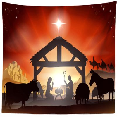 CORFOTO 180x117 Inch Fabric Christmas Birth of Jesus Tapestry Manger Nativity Scene Silhouette Wall Hanging Christian Tapestry for Wall Decor Bedroom Aesthetic Living Room College Dorm Decor Wallpaper