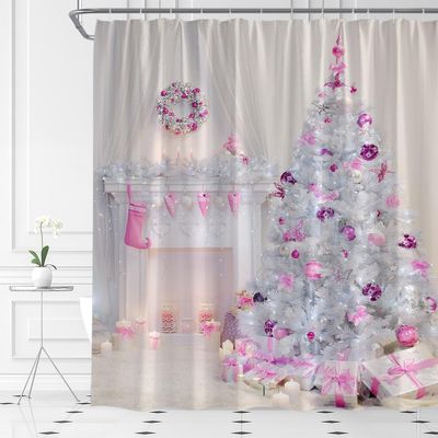 ABONAN Christmas Shower Curtain Pink Christmas Trees Christmas Pink Balls Gifts Xmas Fireplace Fabric Bathroom Curtains Decor Set with Hook(47" WX70 H)