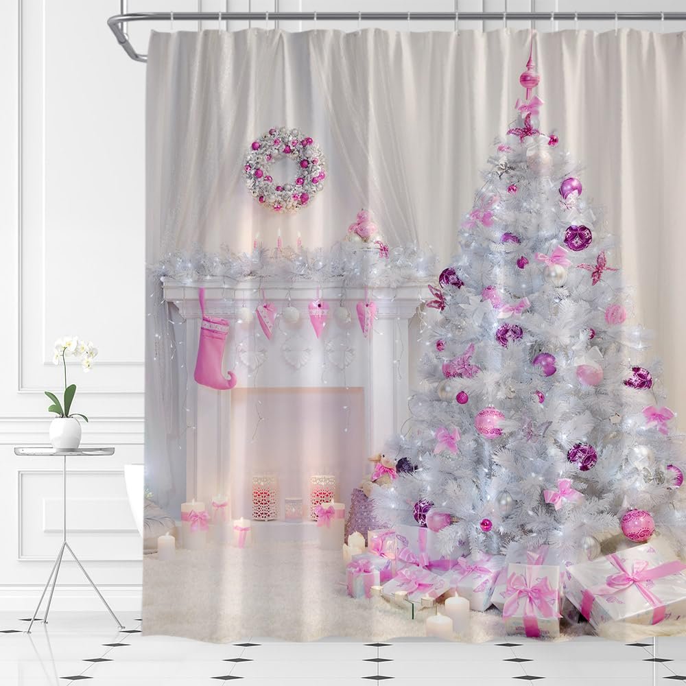 ABONAN Christmas Shower Curtain Pink Christmas Trees Christmas Pink Balls Gifts Xmas Fireplace Fabric Bathroom Curtains Decor Set with Hook(47" WX70 H)