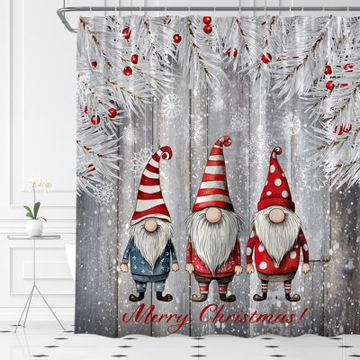 ABONAN Christmas Gnomes Shower Curtain Cute Gnomes Xmas Pine Tree Berry Snowflake Winter Holiday Rustic Santa Claus Farmhouse Brown Wooden Fabric Bathroom Curtains Decor Set with Hook(47" WX70 H)