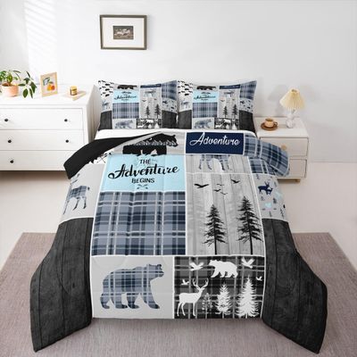Camping Bedding Set For Kids, Deer Bear Comforter Set Full Size Rustic Buffalo Plaid Patchwork Duvet Insert For Teens Adult Bedroom, Lodge Woodland Wildlife Quilted Duvet Cabin Decor, Grey Blue