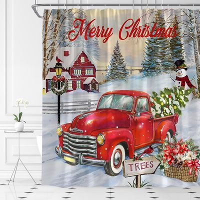 ABONAN Merry Christmas Shower Curtain Vintage Rustic Red Truck Xmas Tree Snowman Retro Farmhouse Winter Snow Fabric Bathroom Curtains Decor Set with Hook(47" WX70 H)