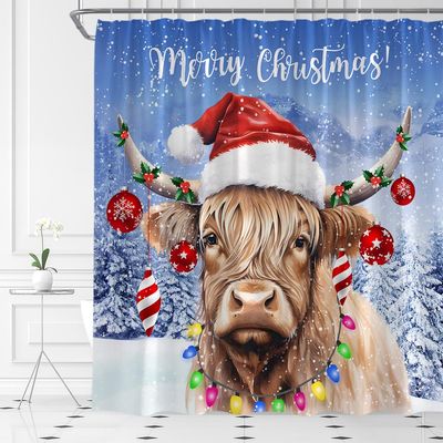 ABONAN Merry Christmas Shower Curtain Christmas Highland Cow Xmas Bull Rustic Farmhouse Winter Forest New Year Holiday Fabric Bathroom Curtains Decor Set with Hook(59" Wx70 H)