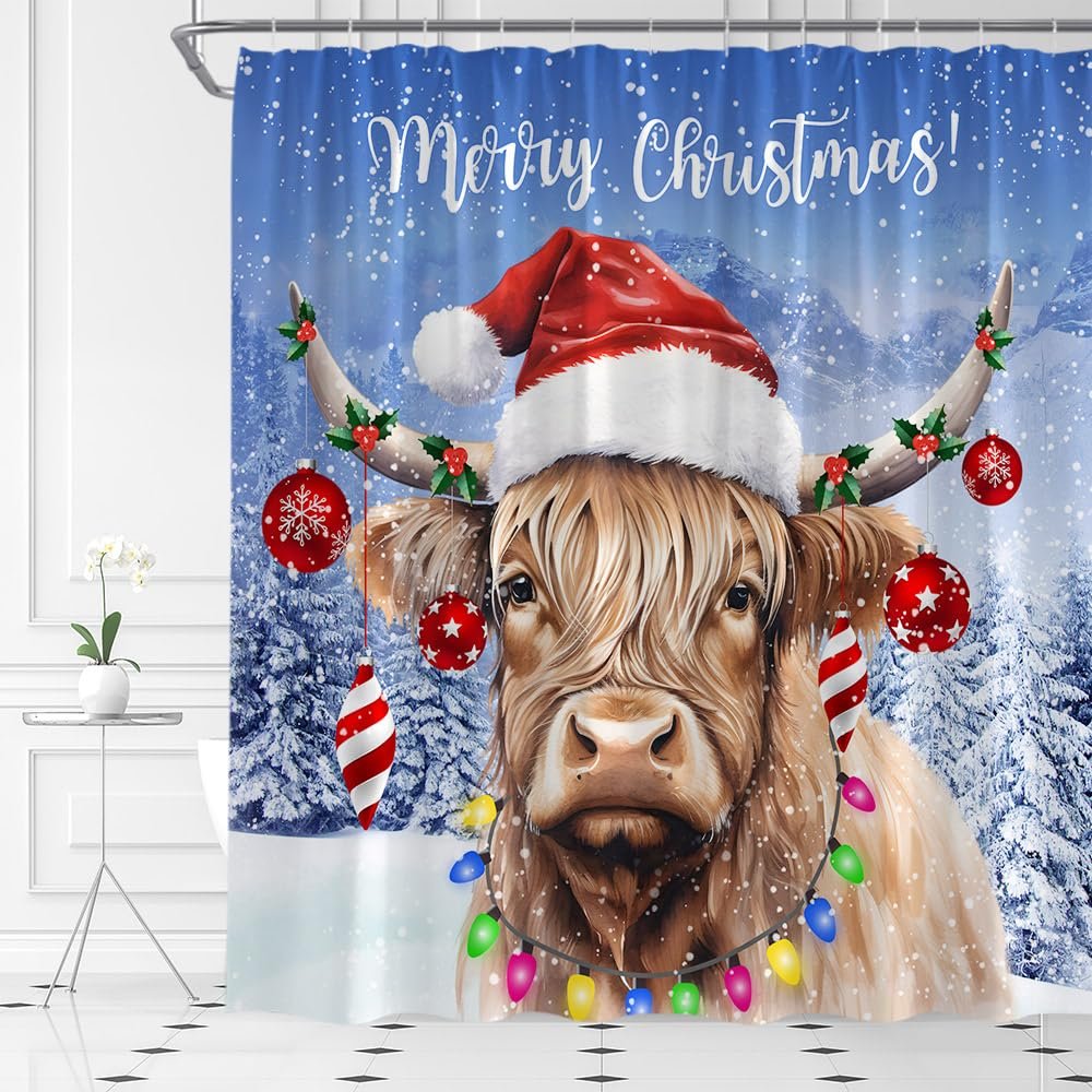ABONAN Merry Christmas Shower Curtain Christmas Highland Cow Xmas Bull Rustic Farmhouse Winter Forest New Year Holiday Fabric Bathroom Curtains Decor Set with Hook(59" Wx70 H)