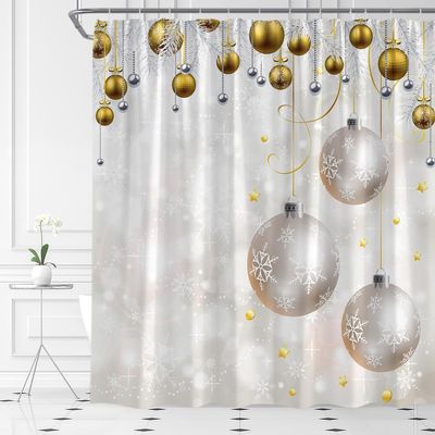 ABONAN Merry Christmas Shower Curtain Silver Christmas Balls Snowflake Happy New Year Fantasy Xmas Ball Winter Holiday Fabric Bathroom Curtains Decor Set with Hook(47" WX70 H)