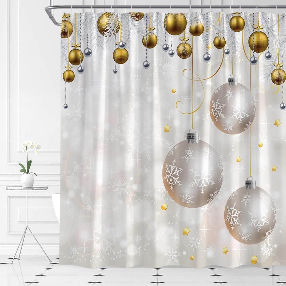 ABONAN Merry Christmas Shower Curtain Silver Christmas Balls Snowflake Happy New Year Fantasy Xmas Ball Winter Holiday Fabric Bathroom Curtains Decor Set with Hook(47" WX70 H)