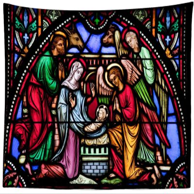 CORFOTO 180x98 Inch Fabric Nativity Scene Tapestry Stained Glass Window in the Cathedral of Brussels Wall Hanging Birthday of Jesus Tapestry for Wall Decor Bedroom Aesthetic Living Room Wall Decor