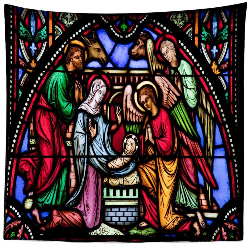 CORFOTO 180x98 Inch Fabric Nativity Scene Tapestry Stained Glass Window in the Cathedral of Brussels Wall Hanging Birthday of Jesus Tapestry for Wall Decor Bedroom Aesthetic Living Room Wall Decor