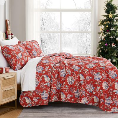 Southshore Fine Living, Inc. Oversized Quilt Bedding Set, 2-Piece Twin XL Coverlet with Matching Sham, Jacobean Willow Floral Coverlet, All Season Quilt Bedspread, Lightweight Twin Quilts, Red